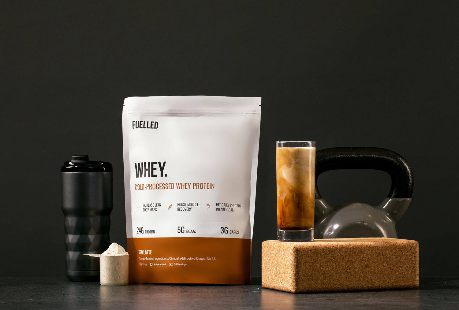Fuelled Iced Latte Whey Protein With Shaker and Kettlebell