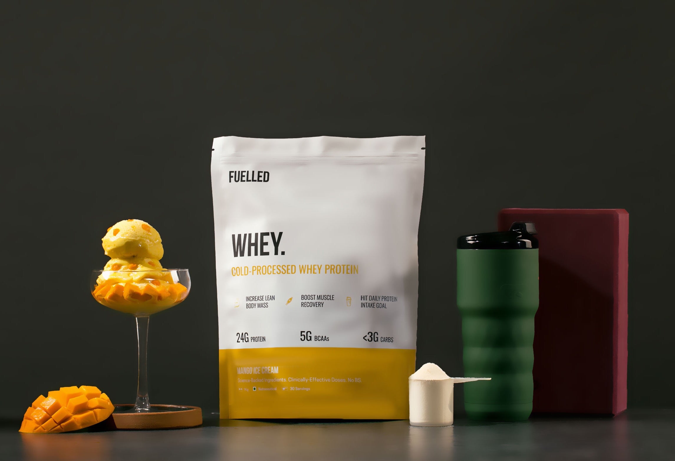 Fuelled Mango Ice Cream Whey Protein With Shaker, Scoop, and Mango Ice Cream